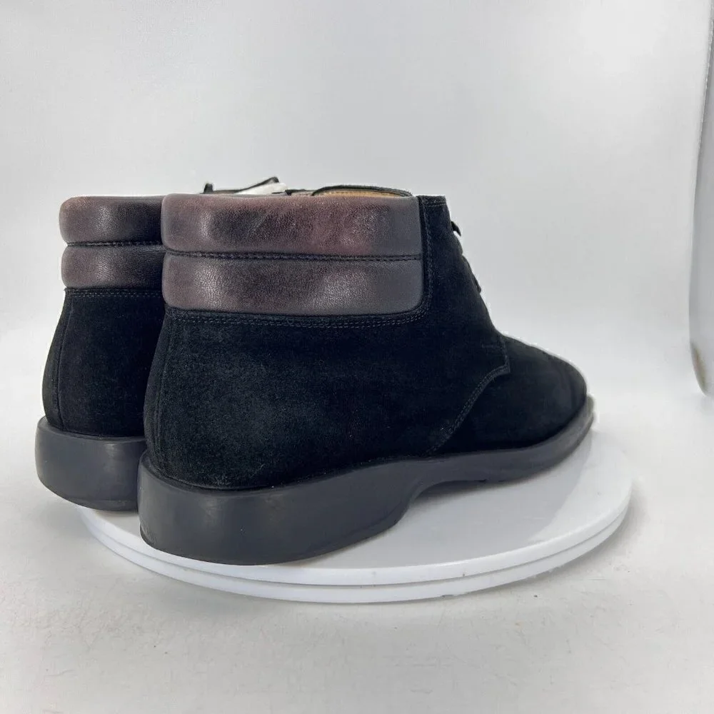 Salvatore Ferragamo Men Size 10D Black Suede Brown Leather Lace Up Ankle Boot